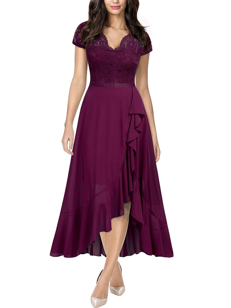 Miusol Women's V Neck Elegant Lace Ruffle Bridesmaid Maxi Dress (Small, Magenta) - Image 1